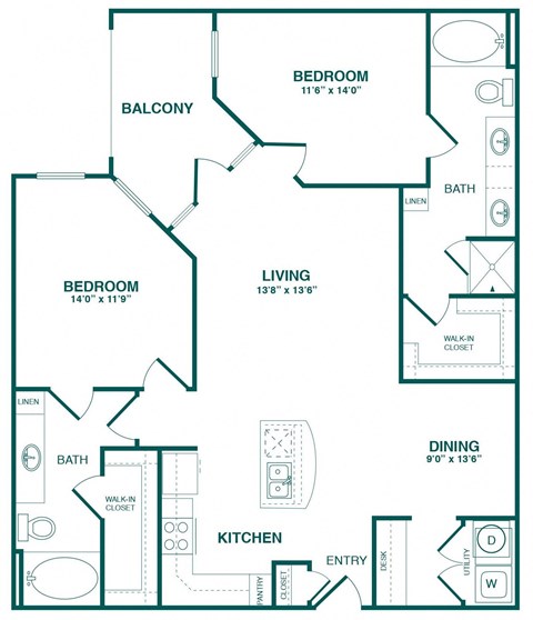Floor plan for 2 beds, 2 baths, 1206 sqft